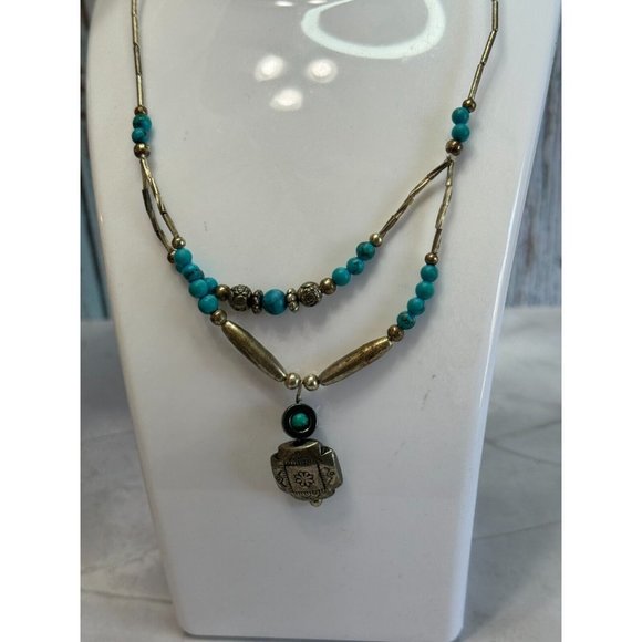 Southwestern Hand Crafted Faux Turquoise and Etched Silver Design Necklace - Picture 3 of 6